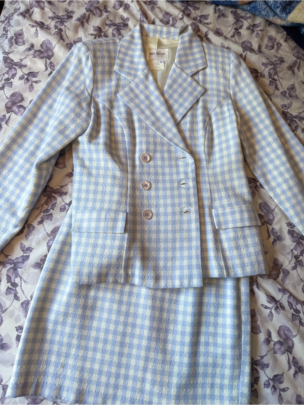 Hugo Buscati Light Blue and Cream Gingham Blazer & Skirt Set